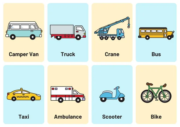 Formy Transportu Lined Illustration Flashcard Sheets — Zdjęcie stockowe