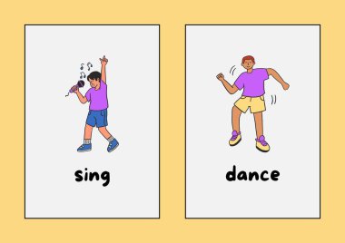 Sarı Beyaz Resimli İngilizce Ortak Eylem Kelimeleri Flashcards - 3