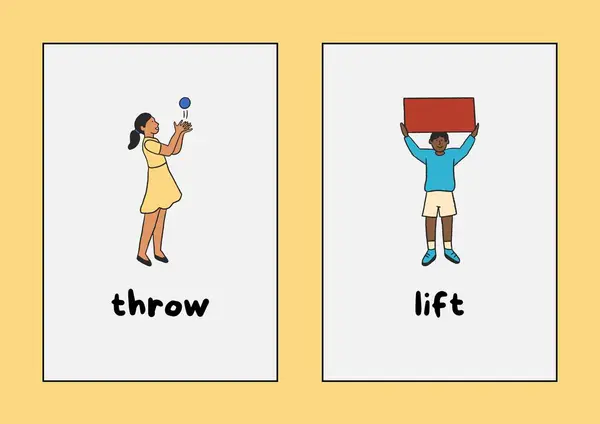 Amarelo Branco Ilustrado Inglês Comum Ação Palavras Flashcards — Fotografia de Stock
