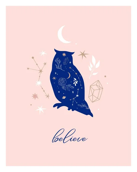Pink and blue mystical, esoteric design with celestial owl. Stars, crystals  and moon elements. Quote - Believe