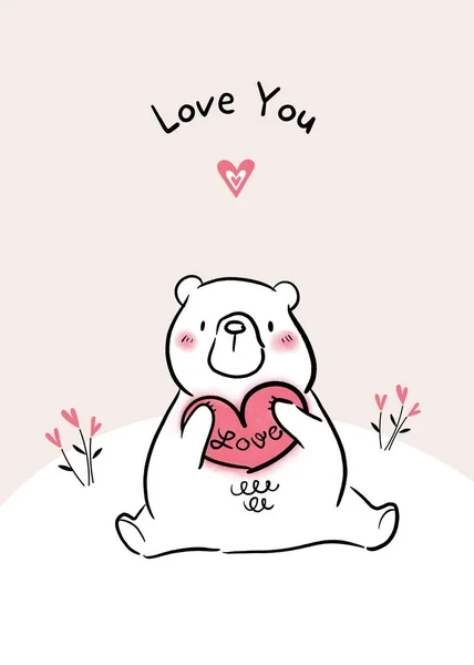 卡通白粉可爱熊与心形问候卡 — 图库照片