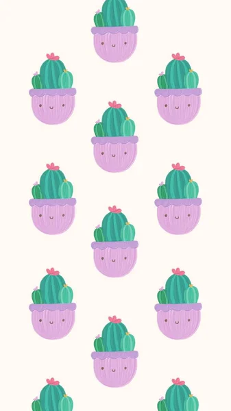 Зеленый Фиолетовый Симпатичный Playful Cactus Plant Pattern Обои Телефонов — стоковое фото