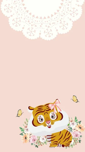 Rózsaszín Fehér Aranyos Illusztrált Kis Tigris Telefon Tapéta — Stock Fotó