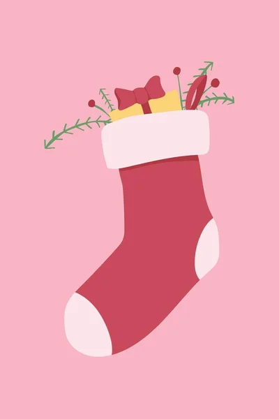 Розовый Красный Милый Игривый Рождественский Чулок Подарками Портрет Овальный Наклейка — стоковое фото
