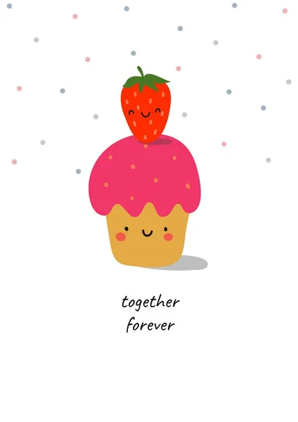 永遠に一緒に かわいいカップケーキとイチゴ 漫画イラスト — ストック写真