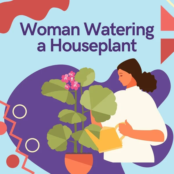 Kobieta Podlewanie Houseplant Ilustracja Posty Instagram — Zdjęcie stockowe
