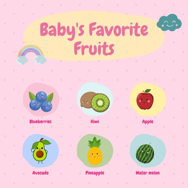 彩虹云后的彩色可爱宝宝最喜爱的水果创意 — 图库照片