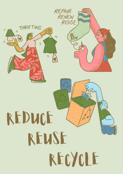 Ilustrado Reducir Reutilización Reciclar Poster Eliminación Residuos — Foto de Stock