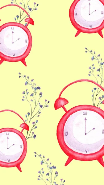Yellow and Pink Alarm Clock  Watercolor Phone Wallpaper