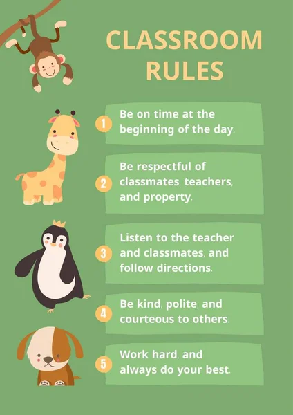 Green Animals Illustration Classroom Rules Poster