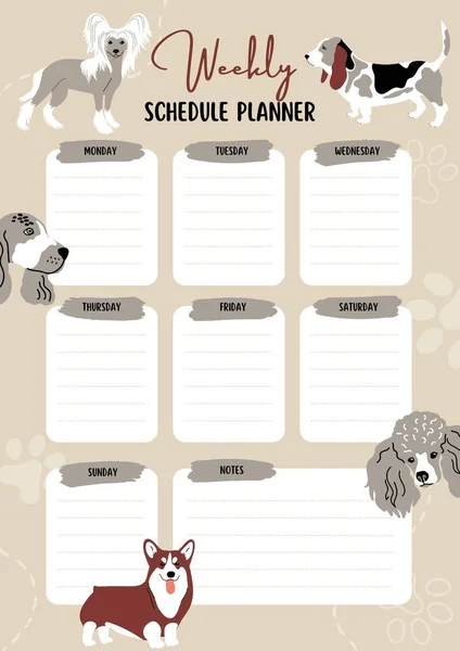 Бежевые Мультяшные Собаки Породы Weekly Schedule Planner — стоковое фото