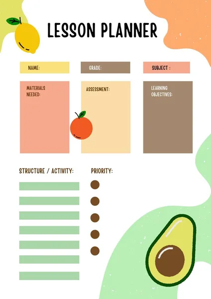 Blå Och Färgglada Frukt Texturerad Platt Abstrakt Lektion Planerare — Stockfoto