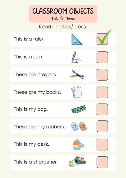 Illastrative Simple Classroom Objects Tese English Grammar Worksheet — Stock Photo, Image