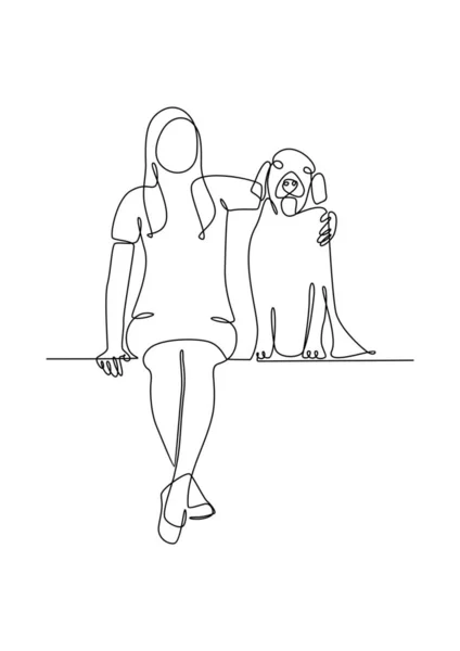 Desenho Linha Contínua Mulher Sentada Com Seu Cão Estimação — Fotografia de Stock