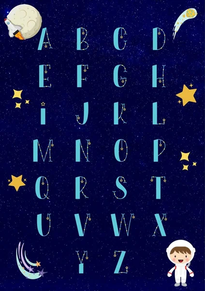 Blue Yellow Cute Illustrative Child Room Poster Letters Alphabet Universe — 스톡 사진