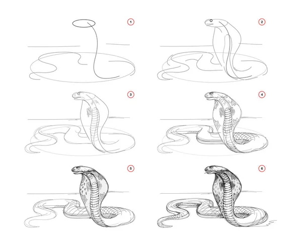 Сторінці Показано Навчитися Малювати Ескіз Кобри Створення Покрокового Креслення Олівцем — стоковий вектор