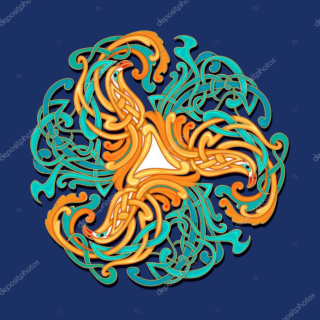 Ancient Irish symbol. Ethnic sign with magic firebirds. Celtic knot pattern. Triple trickle Celtic spiral ornament. Old triskele vintage. Print for logo, icon, coin, tattoo, decoration. Flat vector.