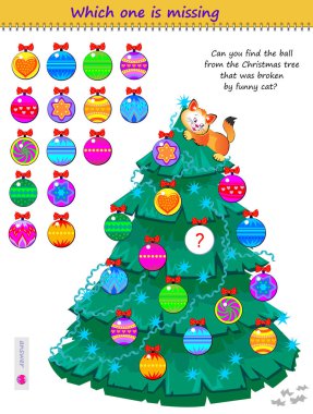 Logic puzzle game for children and adults. Can you find the ball from Christmas tree that was broken by funny cat? Which one is missing? Brain teaser book. Task for attentiveness. Kids activity sheet. clipart