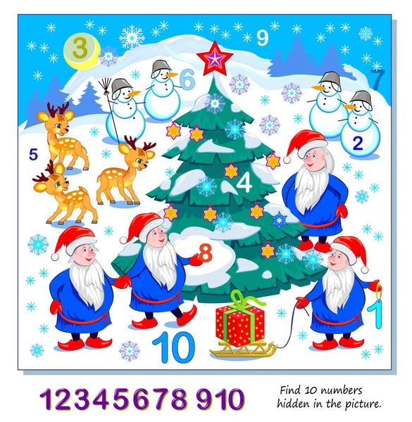 Lógica Juego Puzzle Para Niños Encuentra Números Ocultos Imagen Página — Vector de stock