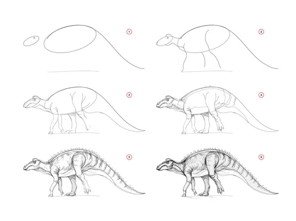 Strona Pokazuje Jak Nauczyć Się Rysować Szkic Edmontozaura Tworzenie Krok — Wektor stockowy