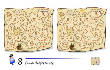 Find 8 differences. Pirate treasure island map Illustration. Logic puzzle game for children and adults. Page for kids brain teaser book. Developing counting skills. Vector drawing. clipart