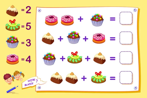 Çocuklar için matematik eğitimi. Örnekler çöz ve cevapları yaz. Çocuklar için eğitim sayfası. Okul kitabı için basılabilir çalışma tablosu. Okula dönelim. Sayma ve izleme numaralarını öğren.