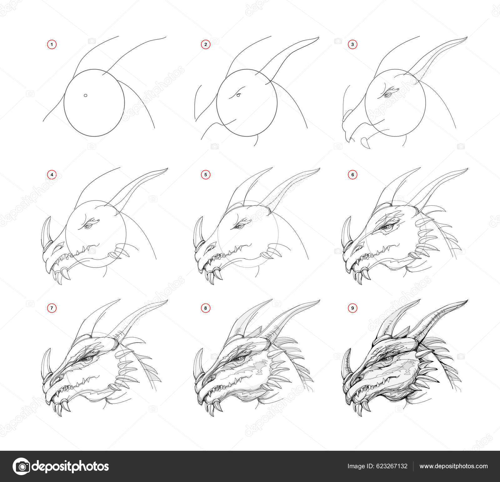 Page Shows How Learn Draw Sketch Dragons Head Creation Step Stock 