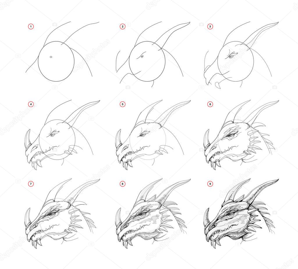 Página Muestra Cómo Aprender Dibujar Una Cabeza Dragones Creación Paso  Vector de Stock de ©Nataljacernecka 623267132