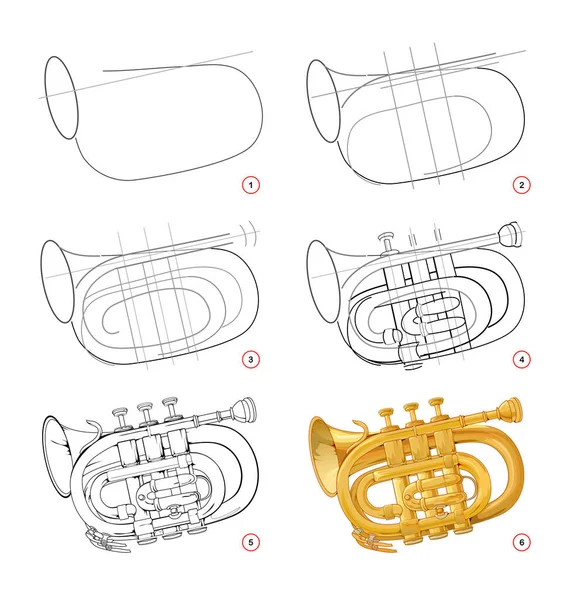 Página Muestra Cómo Aprender Dibujar Paso Paso Viento Metal Trompeta — Archivo Imágenes Vectoriales