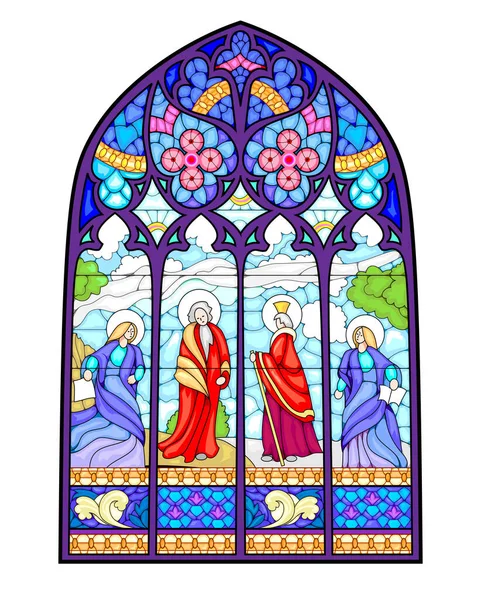Piękne Kolorowe Średniowieczne Witraże Gotycki Styl Architektoniczny Chrześcijańskie Dekoracje Świętymi — Wektor stockowy