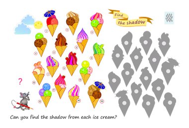 Best puzzles for kids. Can you find the shadow from each ice cream? Educational game. Logic education for children. Play online. Task for attentiveness. IQ test. Vector cartoon illustration. clipart