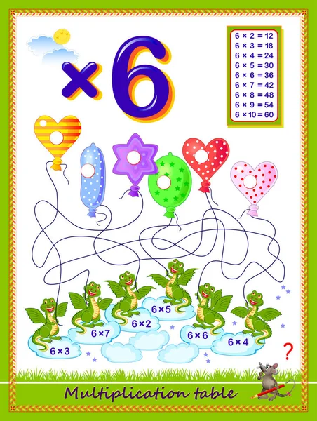 学校の教育ページ 子供のための6の乗算テーブル 例を解決し 風船に数字を書きます 迷路とロジックパズルゲーム 子供のための印刷可能なワークシート数学の教科書 — ストックベクタ