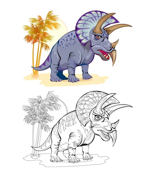 Página Colorida Blanco Negro Para Colorear Libro Ilustración Lindos Triceratops — Vector de stock