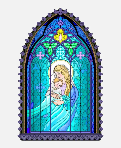 Hermosa Vidriera Medieval Colorida Estilo Arquitectónico Gótico Ilustración Madonna Child — Vector de stock