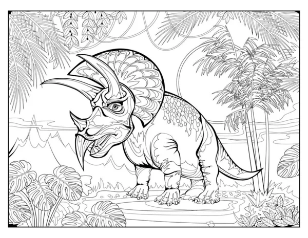 Livro Para Colorir Para Crianças Adultos Ilustração Tricerátopos Dinossauro Pré — Vetor de Stock