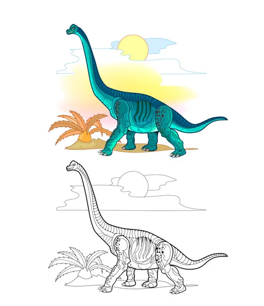 Página Colorida Blanco Negro Para Colorear Libro Ilustración Brontosaurio Hoja — Vector de stock