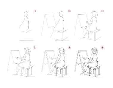 Page shows how to learn to draw sketch of girl sitting at the easel. Creation step by step pencil drawing. Educational page for artists. Textbook for developing artistic skills. Vector image. clipart