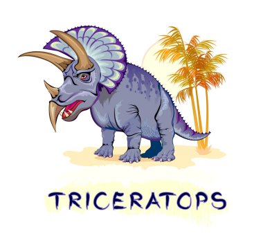 Triceratops 'un tasviri. Tarih öncesi soyu tükenmiş dinozor. Jurasik dünya hayvanları. Beyaz arka planda izole çizim. Kumaş baskısı, çocuk giysileri, nakış, duvar kağıdı. Düz çizgi film vektörü.