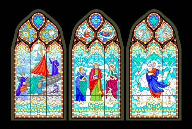 Renkli güzel ortaçağ vitray pencereleri. Gotik mimari tarzı. Kutsal Havarilerin tasvirleri. Fransa kiliselerinde mimarlık. Batı Avrupa 'da orta çağ. Vektör çizimi.