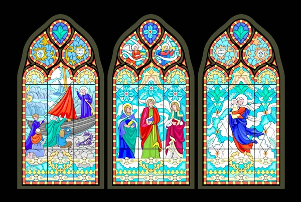 Set Van Prachtige Kleurrijke Middeleeuwse Glas Loodramen Gotische Bouwstijl Illustraties — Stockvector