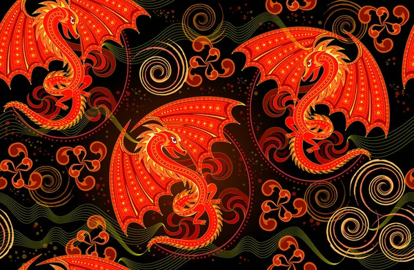 Ornement Motif Sans Couture Fond Fantastique Avec Des Dragons Rouges — Image vectorielle