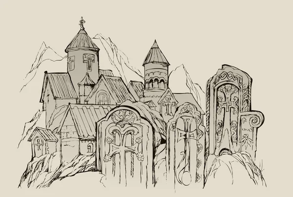 Stenen Van Armenië Schets Van Oude Kerk Oude Armeense Kachkar — Stockvector