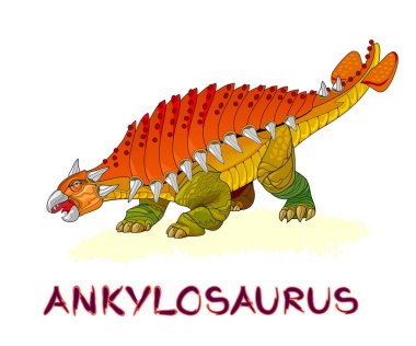 Ankylosaurus 'un tasviri. Tarih öncesi soyu tükenmiş dinozor. Jurasik dünya hayvanları. Beyaz arka planda izole çizim. Kumaş baskısı, çocuk giysileri, nakış, duvar kağıdı. Düz çizgi film vektörü.