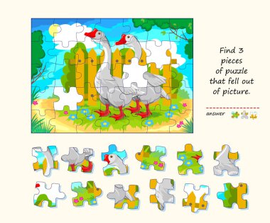 Çocuklar ve yetişkinler için mantık oyunu. Resmin dışına düşmüş üç yapboz parçası bul. Çocuk zeka kitabı için çağrı. Dikkatlilik için görev. Uzaysal düşünce geliştiriyorum. İnternette oyna. Vektör resmi.
