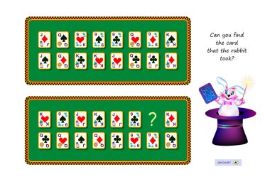Çocuklar ve yetişkinler için mantık bulmacası. Tavşanın aldığı kartı bulabilir misin? Eğitici bir oyun. Çocuk zeka kitabı için çağrı. Dikkat çekmek için. IQ testi. İnternette oyna. Çizgi film vektörü.