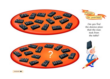 Logic puzzle for smartest. Can you find the domino piece that the man took from the table? Educational game. Page for kids brain teaser book. Task for attention. IQ test. Play online. Cartoon vector. clipart