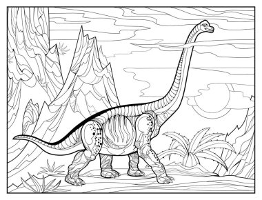 Çocuklar ve yetişkinler için boyama kitabı. Brontosaurus 'un çizimi. Tarih öncesi dinozor. Jurasik dünya. Siyah ve beyaz vektör. Zentangle tarzı görüntü. Çizim ve meditasyon için yazdırılabilir sayfa.