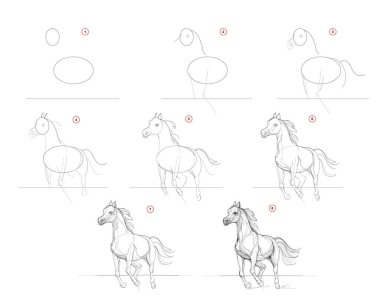 Page shows how to learn to draw sketch of running horse. Pencil drawing lessons. Educational page for artists. Textbook for developing artistic skills. Online education. Vector image. clipart