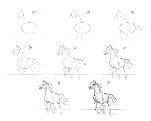 ページには 馬を走らせるスケッチを描く方法が表示されます 鉛筆画のレッスン アーティストのための教育ページ 芸術的なスキルを開発するための教科書 オンライン教育 ベクトル画像 — ストックベクタ