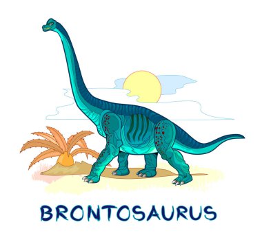 Brontosaurus 'un çizimi. Tarih öncesi soyu tükenmiş dinozor. Jurasik dünya hayvanları. Beyaz arka planda izole çizim. Kumaş baskısı, çocuk giysileri, nakış, duvar kağıdı. Düz çizgi film vektörü.